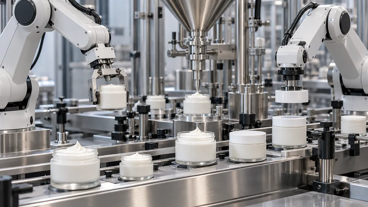 Illustrative robotic handling of cosmetic cream containers