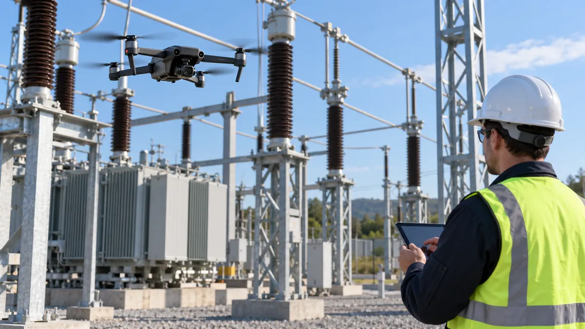 Illustrative drone inspection near electrical infrastructure