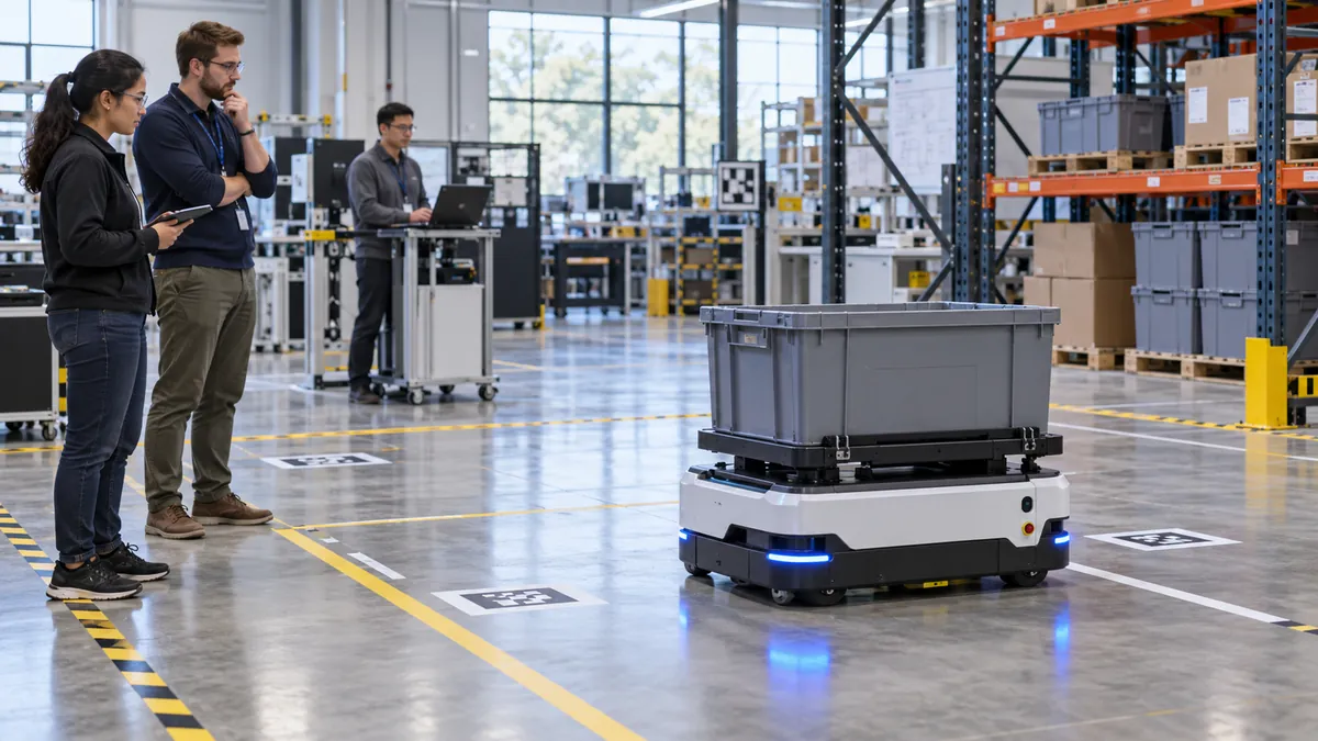 Illustrative logistics robotics test area with engineers observing a mobile robot