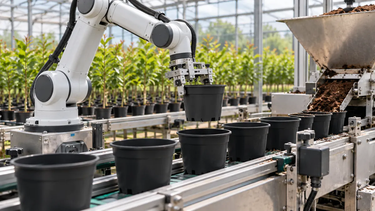 Illustrative robot placing seedling containers on a nursery conveyor