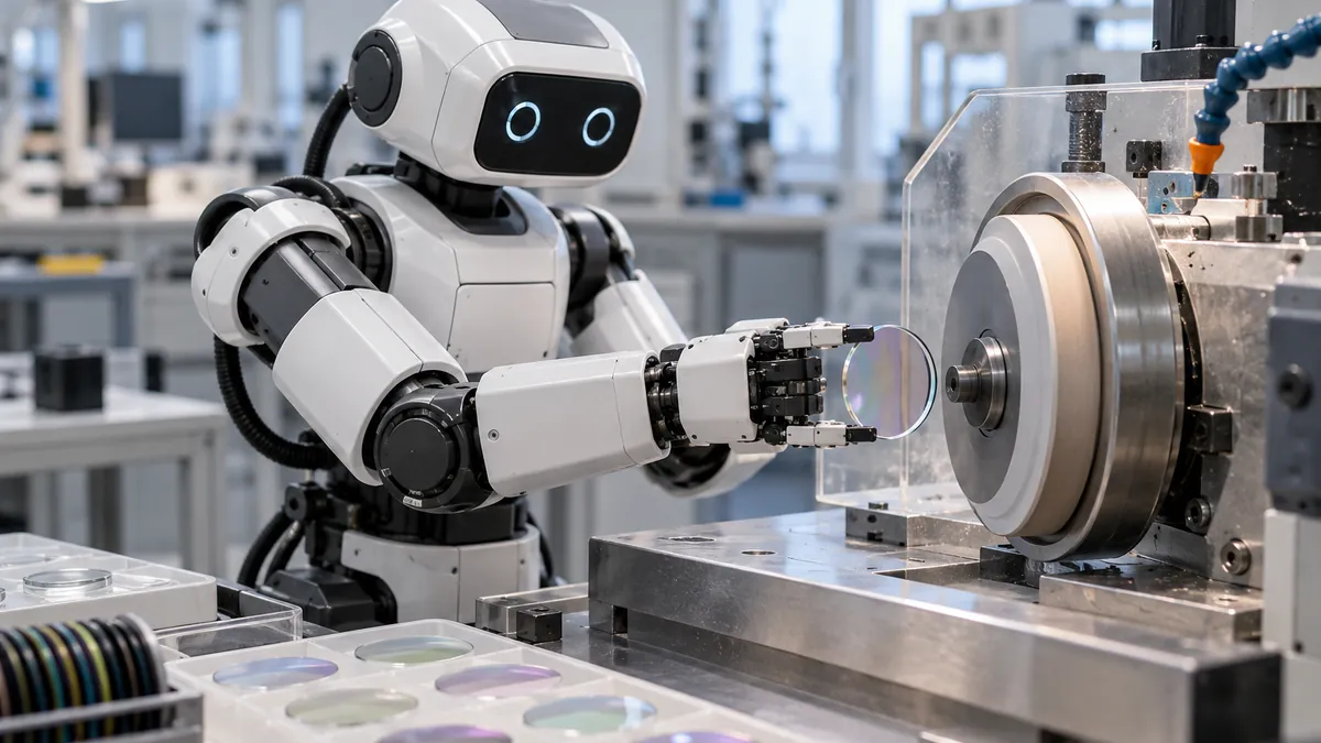 Illustrative robot handling an optical filter near an edge finishing tool