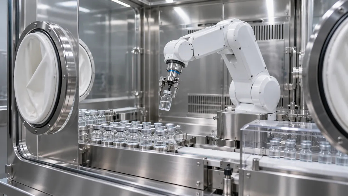 Illustrative robot handling sealed vials inside a cleanroom isolator