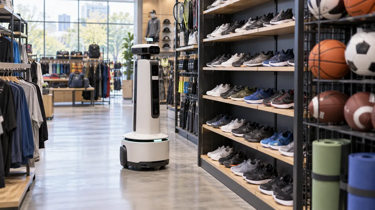 Illustrative inventory robot scanning a sports retail store