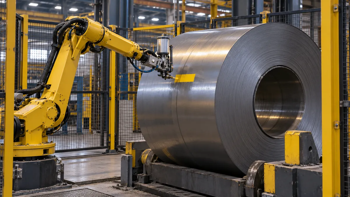 Illustrative robot applying a paint mark to a steel coil