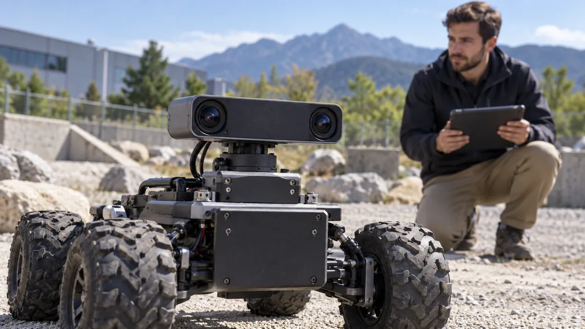 Illustrative stereo camera on a mobile robot during outdoor testing